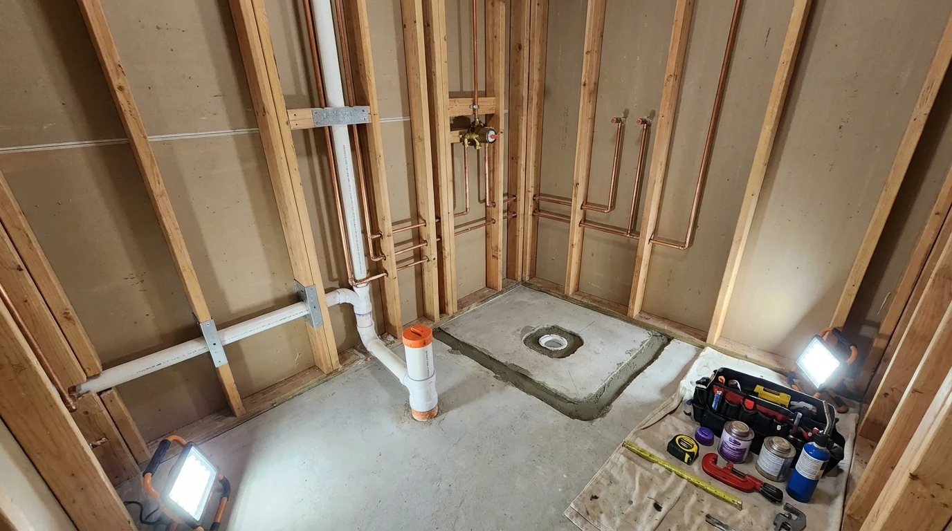 Bathroom rough-in plumbing during remodel by Johns Plumbing LLC in Olympia Fields