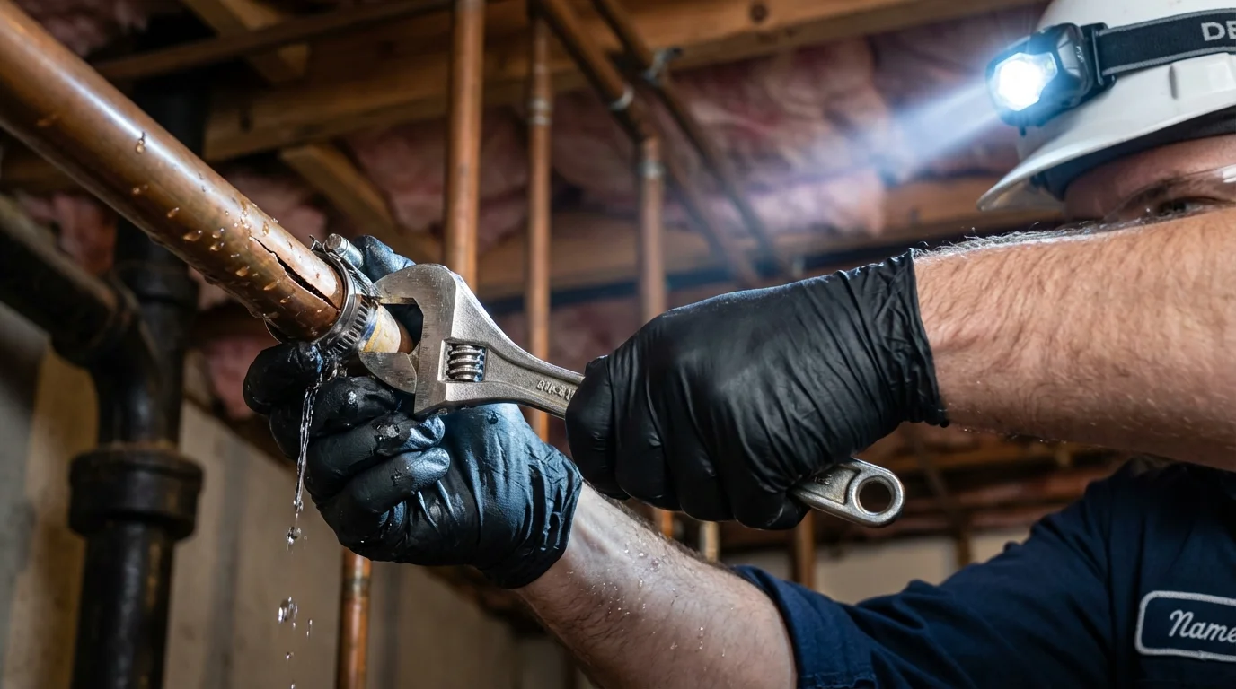 Emergency pipe clamp repair being performed by a Johns Plumbing LLC plumber in Olympia Fields