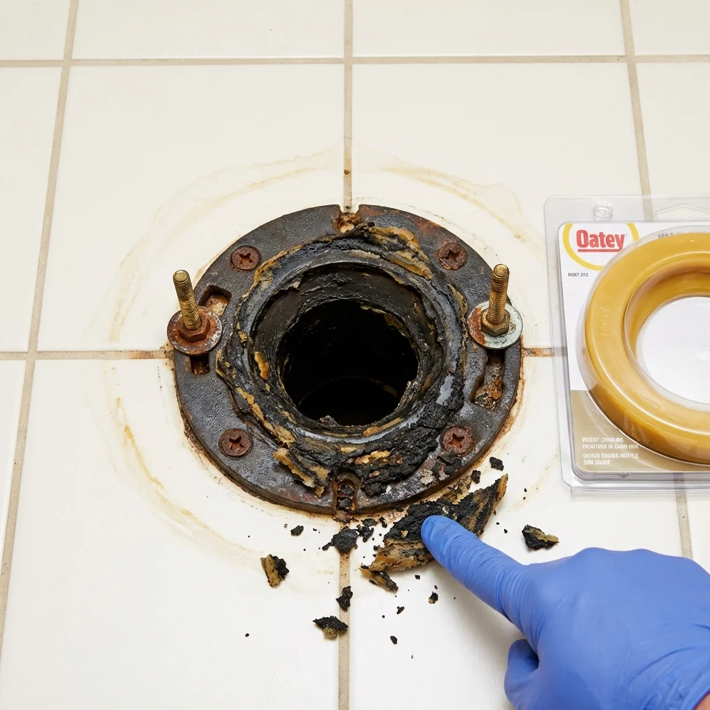 Failed wax ring showing water seepage at the base of a toilet in a Olympia Fields, IL home