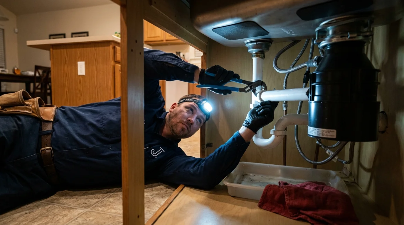 P-trap and supply line connections under a kitchen sink showing a common leak point in Olympia Fields, IL